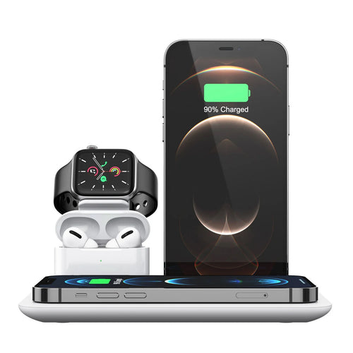 Smartphone, smartwatch, and earbuds  charging on a 4-in-1 charging stand  on a white background with charging display.