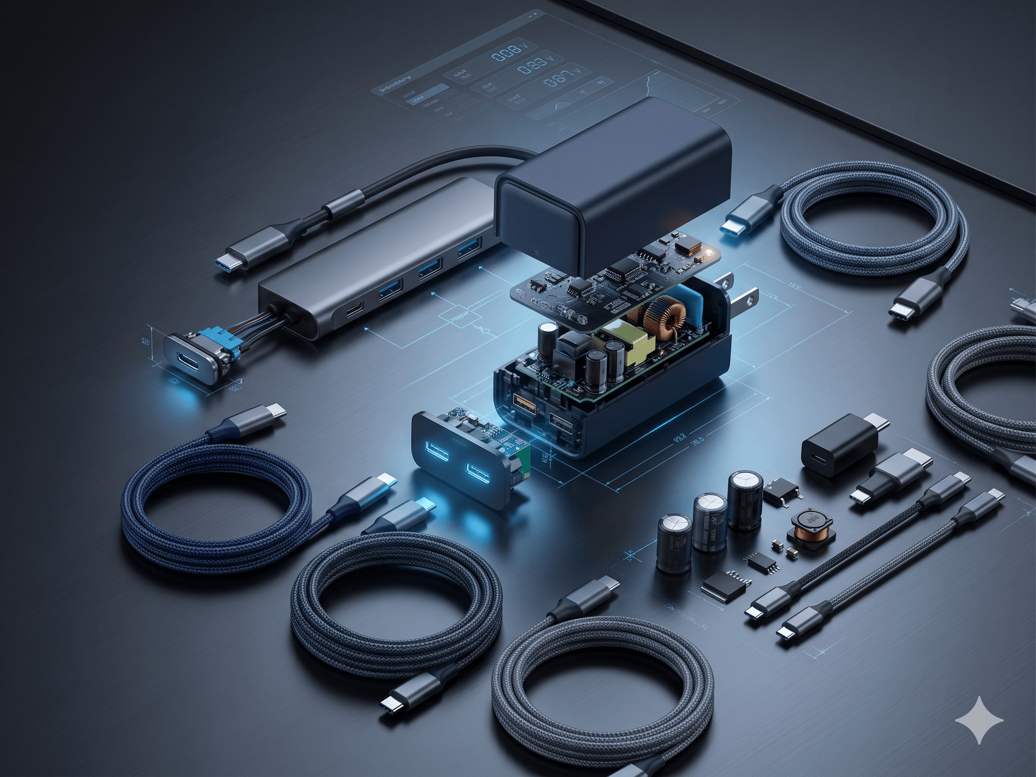 A neatly arranged tech workspace displays disassembled electronics, cables, adapters, capacitors, and circuit boards on a dark surface, with blue highlights and holographic interface graphics overlaying the components.
