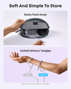 Top: A hand packs cables and a charger into a gray pouch. Bottom: Two hands show tangled gray cables labeled "Other" and an untangled purple Anker USB-A to USB-C Cable (3 ft/6 ft, Upcycled-Braided). Text: “Soft And Simple To Store. Unfold Without Tangles.”.