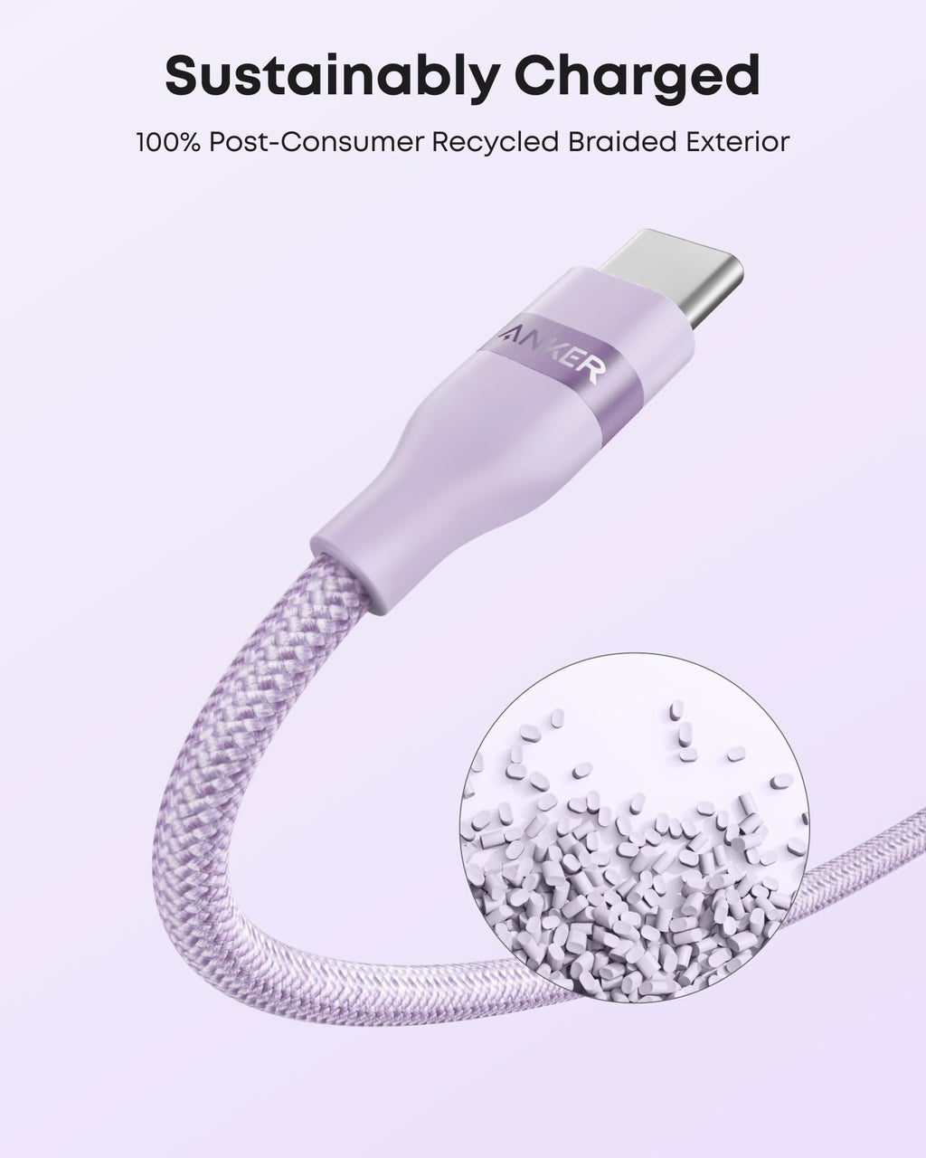 A lavender Anker USB-A to USB-C Cable (3 ft/6 ft, Upcycled-Braided) with a close-up of white recycled plastic pellets highlights its 100% post-consumer recycled braided exterior. Text: "Sustainably Charged." Durable, eco-friendly charging cable.