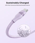 A lavender Anker USB-A to USB-C Cable (3 ft/6 ft, Upcycled-Braided) with a close-up of white recycled plastic pellets highlights its 100% post-consumer recycled braided exterior. Text: "Sustainably Charged." Durable, eco-friendly charging cable.