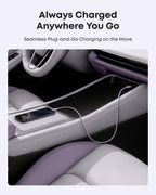 A smartphone connected to an Anker USB-A to USB-C Cable (3 ft/6 ft, Upcycled-Braided) sits on the center console of a modern car with light gray and purple interior, showcasing effortless in-car charging.