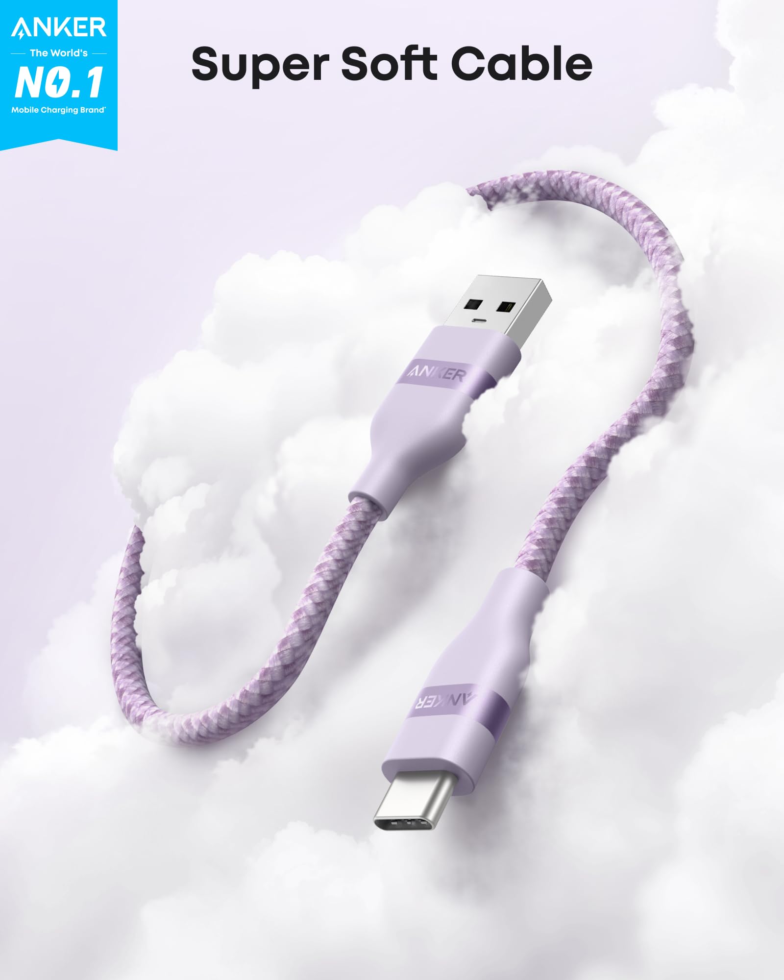 A lavender Anker USB-A to USB-C Cable (3 ft/6 ft, Upcycled-Braided) floats among fluffy white clouds with “Super Soft Cable” text and the Anker logo in the top left corner.