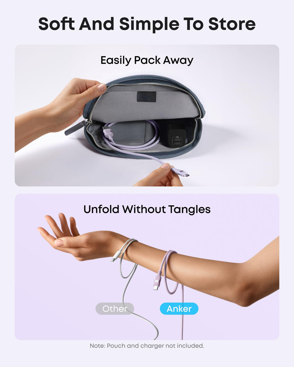 Top: A hand places an Anker USB-A to USB-C Cable (3 ft/6 ft, Upcycled-Braided) into a small gray pouch. Bottom: The "Other" cable is tangled, while the upcycled-braided Anker cable stays smooth and tangle-free.