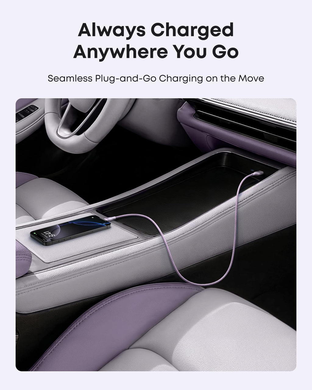A car interior features light purple seats and a phone charging on the console with an Anker USB-A to USB-C Cable (3 ft/6 ft, Upcycled-Braided), ensuring reliable power wherever you go. Text above: “Always Charged Anywhere You Go.”.