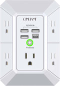 QINLIANF’s 5-Outlet Wall Surge Protector features five AC outlets, three USB-A ports, and one USB-C port, with a green “Protected” indicator light at the center. This wall outlet extender offers reliable 1680-joule surge protection for all your devices. The QINLIANF brand name appears at the top.