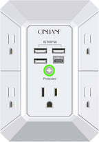 QINLIANF’s 5-Outlet Wall Surge Protector features five AC outlets, three USB-A ports, and one USB-C port, with a green “Protected” indicator light at the center. This wall outlet extender offers reliable 1680-joule surge protection for all your devices. The QINLIANF brand name appears at the top.
