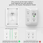 Diagram shows the 5-Outlet Wall Surge Protector with USB – 1680 Joules, featuring 5 AC outlets and 3 USB-A & USB-C charging ports, along with instructions for proper installation and images indicating compatible and incompatible outlet types for flush mounting.