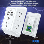 A 5-Outlet Wall Surge Protector with USB – featuring 1680 Joules of protection, 5 AC outlets, and 3 USB-A & USB-C charging ports – is shown open to reveal its internal components, including a TVS transient voltage suppressor and a MOV metal oxide varistor for robust surge protection. Descriptive text appears above the product.
