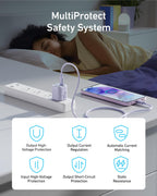 A woman sleeps beside a nightstand with an Anker Charger (25W, Compact) and surge protector. Text reads "MultiProtect Safety System" with icons for high-voltage, current, and static resistance protections.