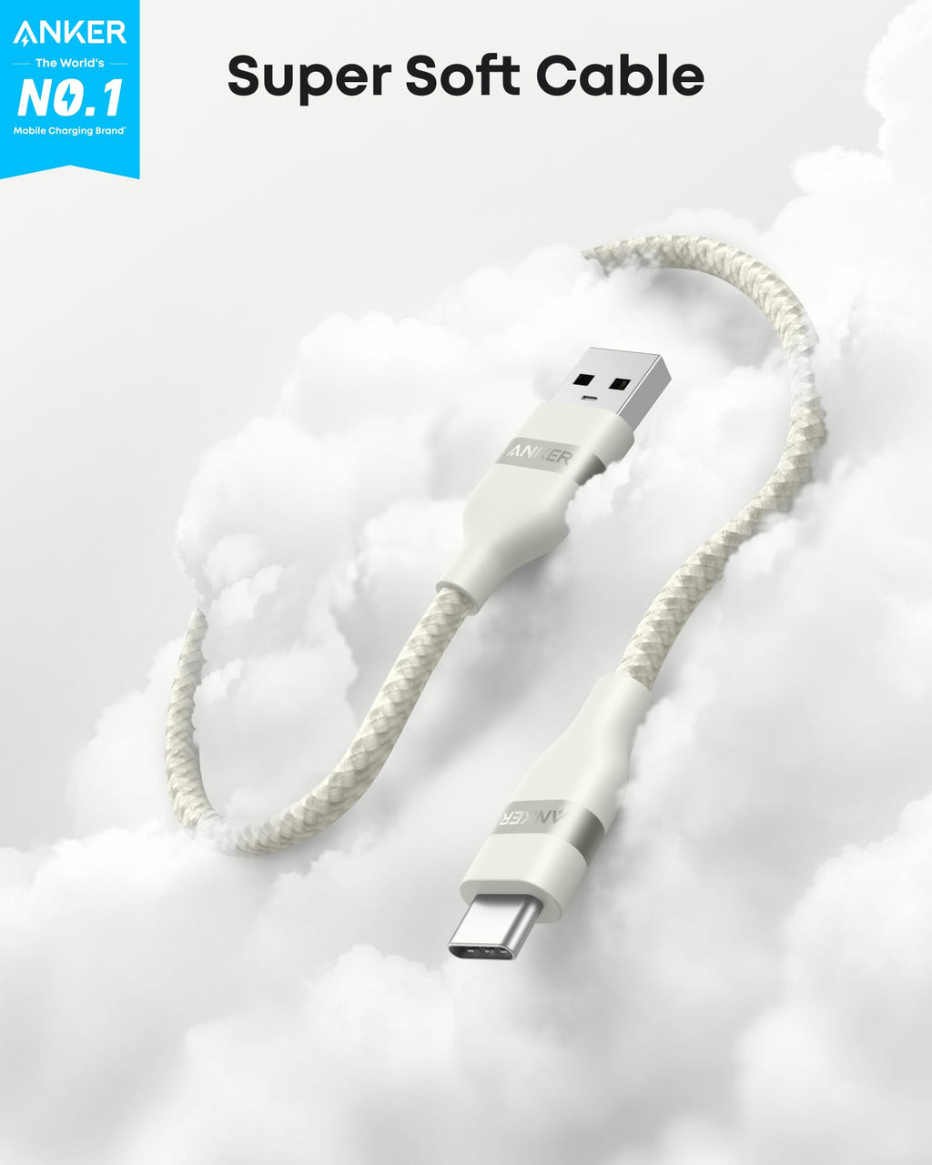An Anker USB-A to USB-C Cable (3 ft/6 ft, Upcycled-Braided) floats among white clouds with “Super Soft Cable” above and “ANKER The World’s NO.1 Mobile Charging Brand” in the top left corner.