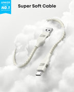An Anker USB-A to USB-C Cable (3 ft/6 ft, Upcycled-Braided) floats among white clouds with “Super Soft Cable” above and “ANKER The World’s NO.1 Mobile Charging Brand” in the top left corner.