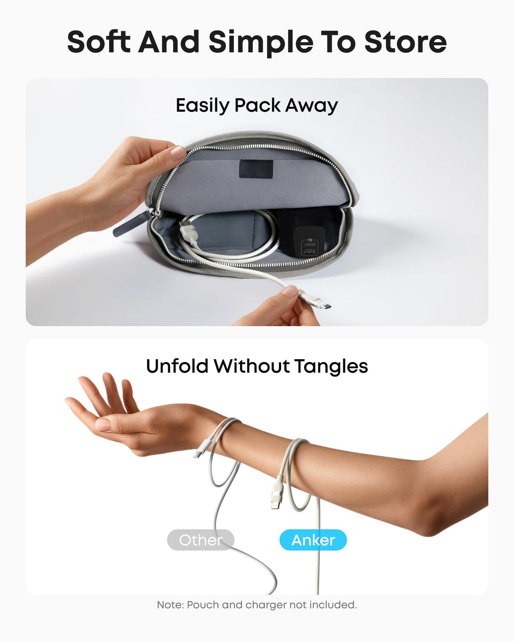 A hand places tech accessories, including an Anker USB-A to USB-C Cable (3 ft/6 ft, Upcycled-Braided), into a gray pouch for easy storage. Below, tangled "Other" cables contrast with the untangled Anker cable. Pouch and charger not included.