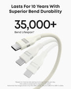 Three Anker USB-A to USB-C Cables (3 ft/6 ft, Upcycled-Braided) are shown with the headline, "Lasts for 10 years with superior bend durability" and "35,000+ bend lifespan." Small text highlights their durability.