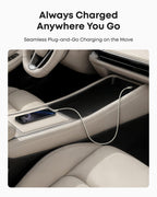 An Anker USB-A to USB-C Cable (3 ft/6 ft, Upcycled-Braided) powers a smartphone on a beige car console, showcasing effortless charging on the move. Text above: "Always Powered Wherever You Drive. Plug-and-Go Charging with Anker.