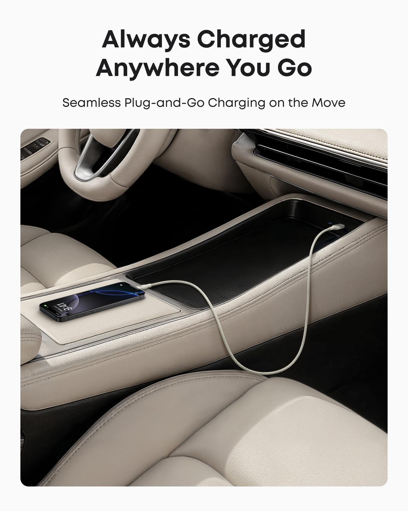 An Anker USB-A to USB-C Cable (3 ft/6 ft, Upcycled-Braided) powers a smartphone on a beige car console, showcasing effortless charging on the move. Text above: "Always Powered Wherever You Drive. Plug-and-Go Charging with Anker.