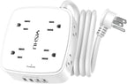 White 8-Outlet Surge Protector Power Strip with USB featuring eight outlets, four USB charging ports, and a 6-foot flat plug extension cord. The device offers wall mount capability and showcases a compact, modern square-shaped design with rounded edges.