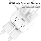 The 8-Outlet Surge Protector Power Strip with USB offers eight widely spaced outlets—spaced 1.78 inches apart—to easily accommodate bulky power adapters and multiple devices at once. With four convenient USB charging ports for your smartphones and tablets, this white power strip features a 6 ft flat plug extension cord and wall mount design, combining spacious design with enhanced surge protection up to 600 joules.