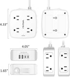 White 8-outlet surge protector power strip with 4 USB charging ports, featuring a 6-foot flat plug extension cord and wall mount design. Multiple views show outlets, USB ports, mounting slots, and surge protection (600 Joules) for added device safety.