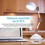 An Adjustable LED Study Lamp with Luminaire EyeCare USB Charging is illuminated beside an open laptop on a wooden desk. Text overlay reads, "Reduces eyestrain up to 51%," emphasizing the lamp’s Luminaire EyeCare lighting and natural daylight illumination for optimal visual comfort.