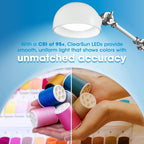 An Adjustable LED Study Lamp with Luminaire EyeCare USB Charging illuminates hands holding colorful thread spools, surrounding your workspace with comfortable, eye-friendly lighting for crafting. The text highlights the lamp’s 95+ CRI ClearSun LEDs for accurate color rendering and natural daylight brightness. In the background, threads are organized neatly in a storage tray.