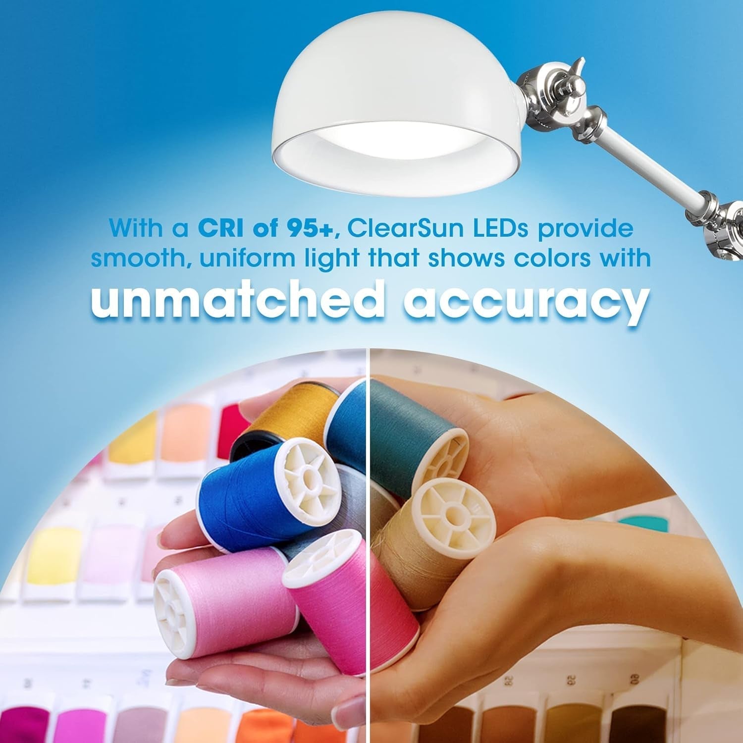 An Adjustable LED Study Lamp with Luminaire EyeCare USB Charging illuminates hands holding colorful thread spools, surrounding your workspace with comfortable, eye-friendly lighting for crafting. The text highlights the lamp’s 95+ CRI ClearSun LEDs for accurate color rendering and natural daylight brightness. In the background, threads are organized neatly in a storage tray.