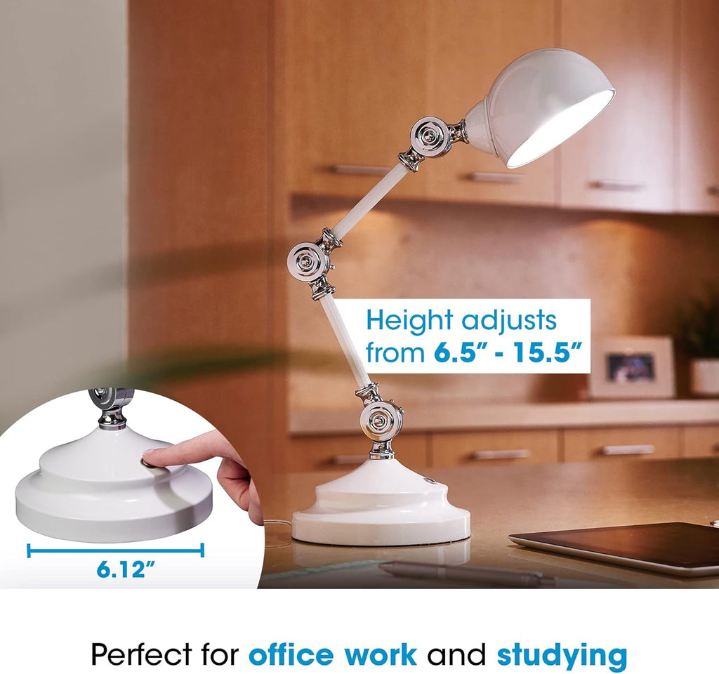 An Adjustable LED Study Lamp with Luminaire EyeCare USB Charging is placed on a desk beside a laptop. Text emphasizes its height adjustment range from 6.5 to 15.5 inches and its stable 6.12-inch base. A finger pressing the base showcases how easily the height can be adjusted, while the lamp’s eye-care lighting provides natural daylight illumination—ideal for comfortable studying or working sessions.