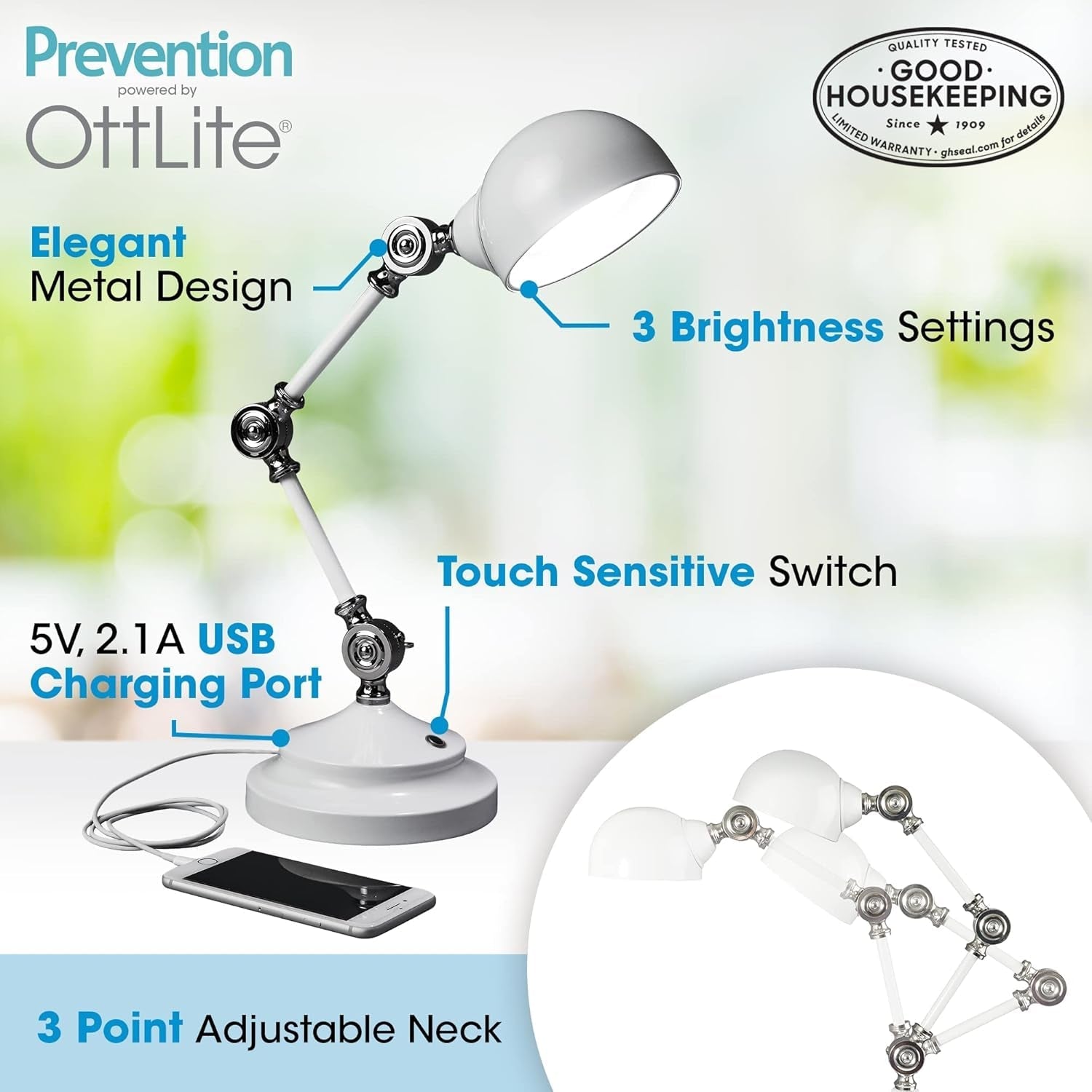 Adjustable LED Study Lamp with Luminaire EyeCare USB Charging features a sleek metal design, an adjustable neck, three brightness settings, touch-sensitive controls, and a convenient USB charging port. Shown illuminating a smartphone and bearing the Good Housekeeping seal, this lamp offers natural daylight illumination for eye-care comfort and enhanced productivity.