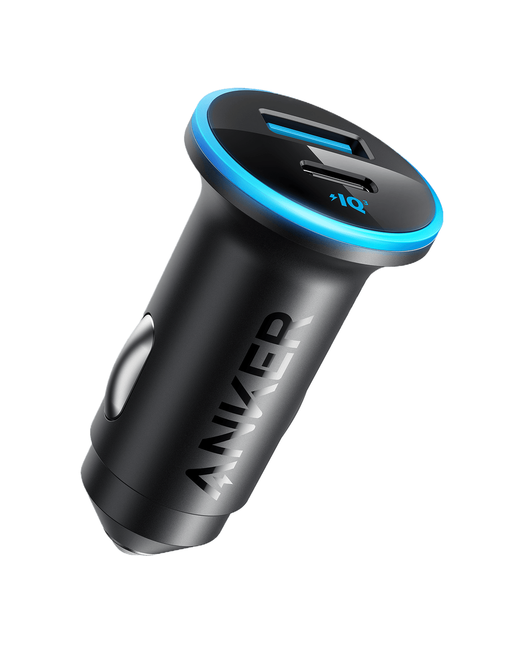 The Anker Dual Port Car Charger (52.5W Total Power) is a black car charger with blue accents, featuring fast charging through both USB-A and USB-C ports, and is designed for vehicle power outlets.