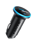 The Anker Dual Port Car Charger (52.5W Total Power) is a black car charger with blue accents, featuring fast charging through both USB-A and USB-C ports, and is designed for vehicle power outlets.