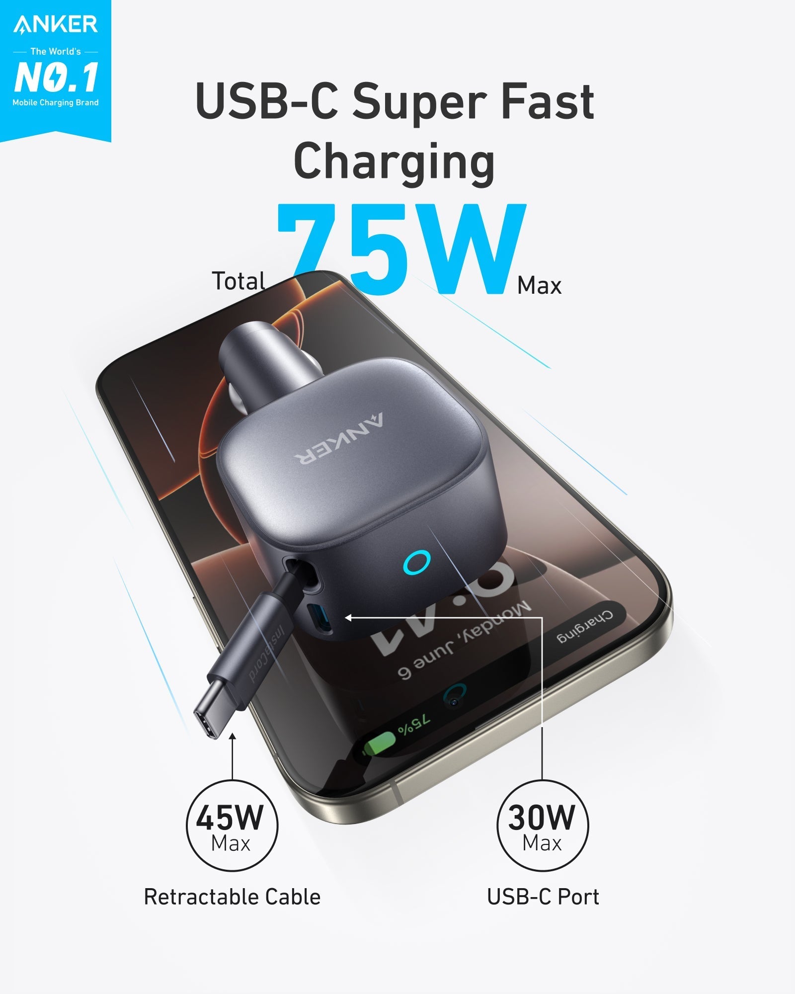 Anker Nano 75W Car Charger - Dynamic Power Supply - 