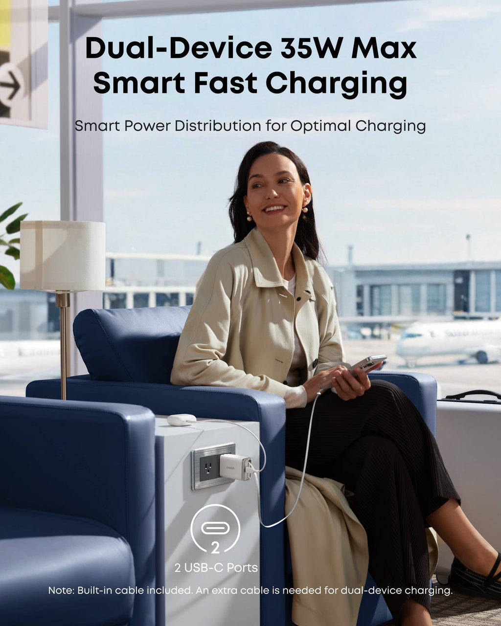 Anker Nano Charger (35W, Built - In Retractable USB - C Cable) - Dynamic Power Supply - 