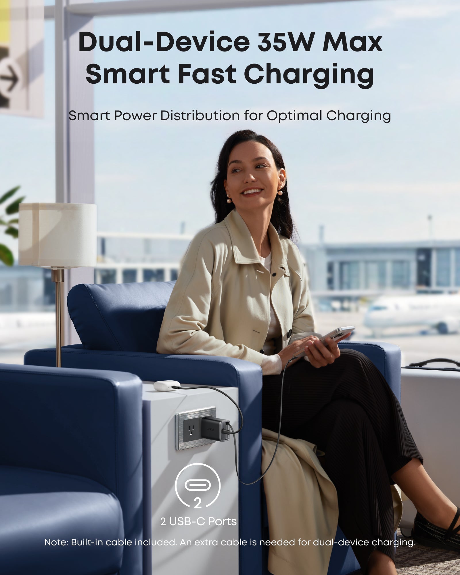 Anker Nano Charger (35W, Built - In Retractable USB - C Cable) - Dynamic Power Supply - 