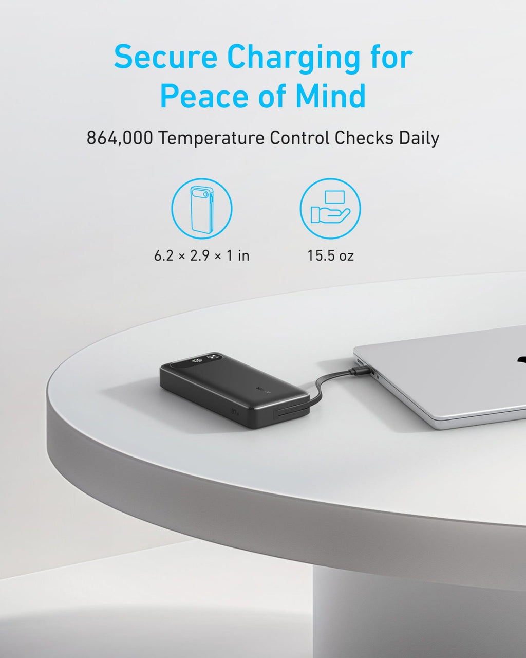An Anker Power Bank (20K, 87W, Built-In USB-C Cable) – 20,000mAh Laptop Power Bank with 65W Fast Charging in black is charging a laptop on a white round table. Above the table are icons and text highlighting secure charging, 65W fast charging, temperature control checks, and product dimensions.
