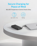 An Anker Power Bank (20K, 87W, Built-In USB-C Cable) – 20,000mAh Laptop Power Bank with 65W Fast Charging in black is charging a laptop on a white round table. Above the table are icons and text highlighting secure charging, 65W fast charging, temperature control checks, and product dimensions.
