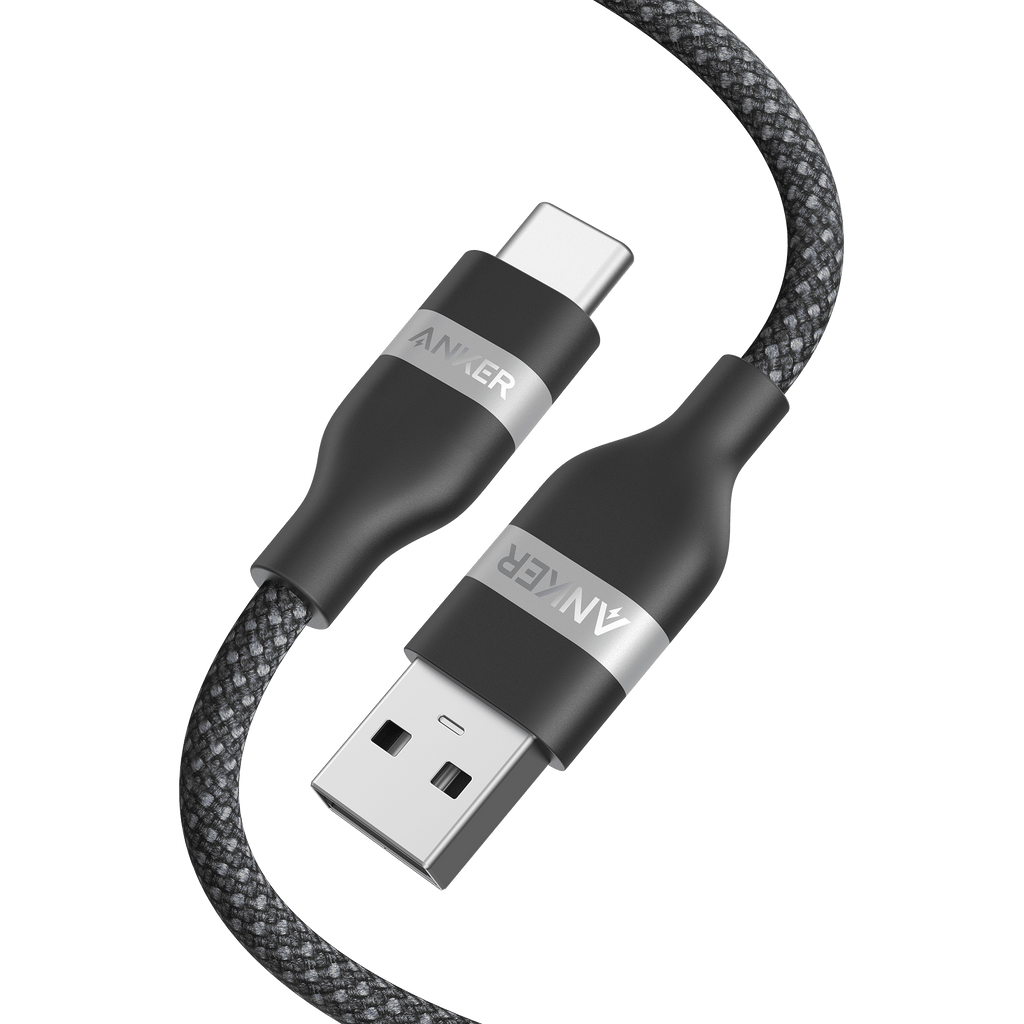 The Anker USB-A to USB-C Cable (3 ft / 6 ft, Upcycled-Braided) is a durable fast charging and data cable with a sturdy upcycled-braided design, featuring labeled "ANKER" connectors (one USB-A and one USB-C), displayed on a plain white background.
