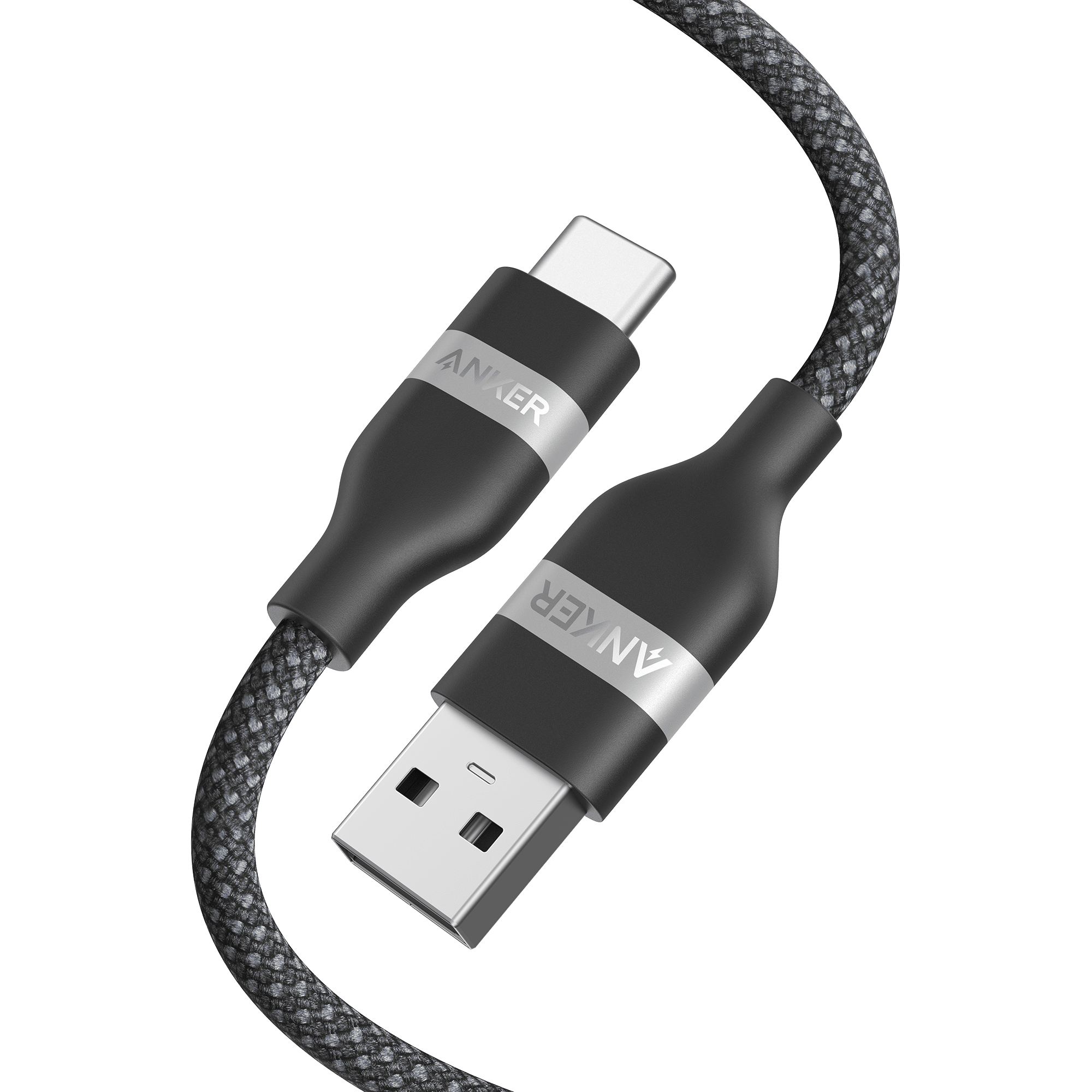 The Anker USB-A to USB-C Cable (3 ft / 6 ft, Upcycled-Braided) is a durable fast charging and data cable with a sturdy upcycled-braided design, featuring labeled "ANKER" connectors (one USB-A and one USB-C), displayed on a plain white background.