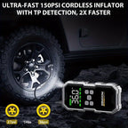 The 7000A Car Jump Starter w/ Air Compressor instantly reads 36.6 psi, offers ultra-fast cordless 150 psi inflation with TP detection, and doubles as a portable 12V USB-C power bank for emergency convenience at night.