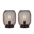 The Set of 2 Tall Battery Powered Outdoor Table Lamps features black metal mesh designs with rounded bases and exposed bulbs, offering a modern, industrial look and warm glow—ideal as stylish cordless lighting for any space.