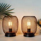 Two Set of 2 Tall Battery Powered Outdoor Table Lamps with mesh wire cages and exposed bulbs light up a white surface. A green palm leaf and a small vase with flowers decorate the background, enhancing their stylish appeal.