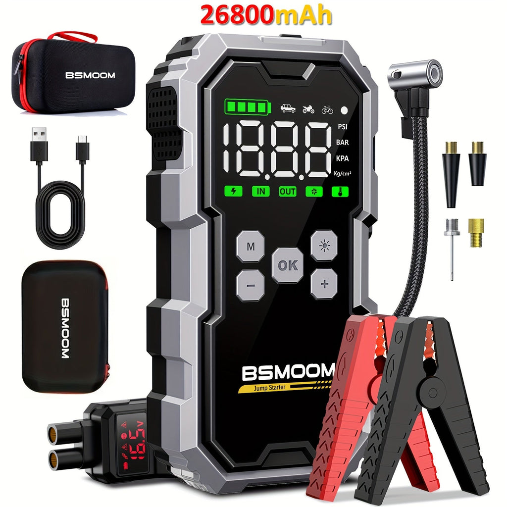 Rugged black and gray 7000A Car Jump Starter w/ Air Compressor, 150 PSI Portable Power Bank 12V USB-C features a digital display, clamps, case, USB-C cable, tire inflator hose with nozzles, and bold red “26800mAh” for powerful emergency use.