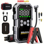 Rugged black and gray 7000A Car Jump Starter w/ Air Compressor, 150 PSI Portable Power Bank 12V USB-C features a digital display, clamps, case, USB-C cable, tire inflator hose with nozzles, and bold red “26800mAh” for powerful emergency use.