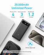 The Anker Power Bank (20K, 87W, Built-In USB-C Cable) is shown charging a smartphone, laptop, gaming device, and earbuds. It features an 87W output for multiple devices and is approved for airline travel.