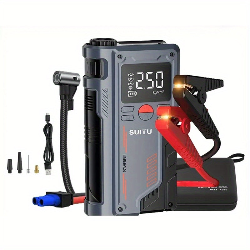 The 8000mAh Portable Jump Starter & Air Compressor w/ USB-C features a digital display, attached jumper cables, charging cables, air nozzles, and an adapter—an essential emergency tool shown against a white background.