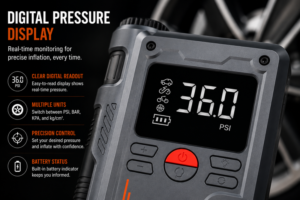 Close-up of the 8000mAh Portable Jump Starter & Air Compressor w/ USB-C display at 36.0 PSI. Features a clear digital readout, multiple units, precision control, and battery indicator—making it essential for vehicle emergencies.