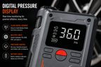 Close-up of the 8000mAh Portable Jump Starter & Air Compressor w/ USB-C display at 36.0 PSI. Features a clear digital readout, multiple units, precision control, and battery indicator—making it essential for vehicle emergencies.