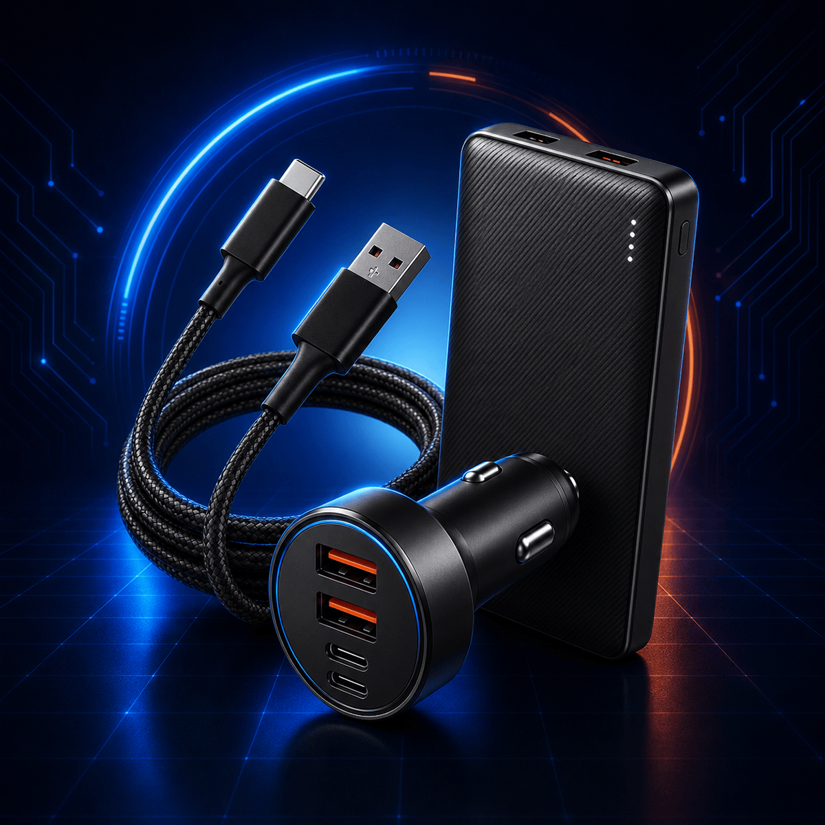 A black power bank, braided USB cable, and car charger with multiple ports are displayed on a futuristic blue and orange digital background, highlighting modern charging technology.