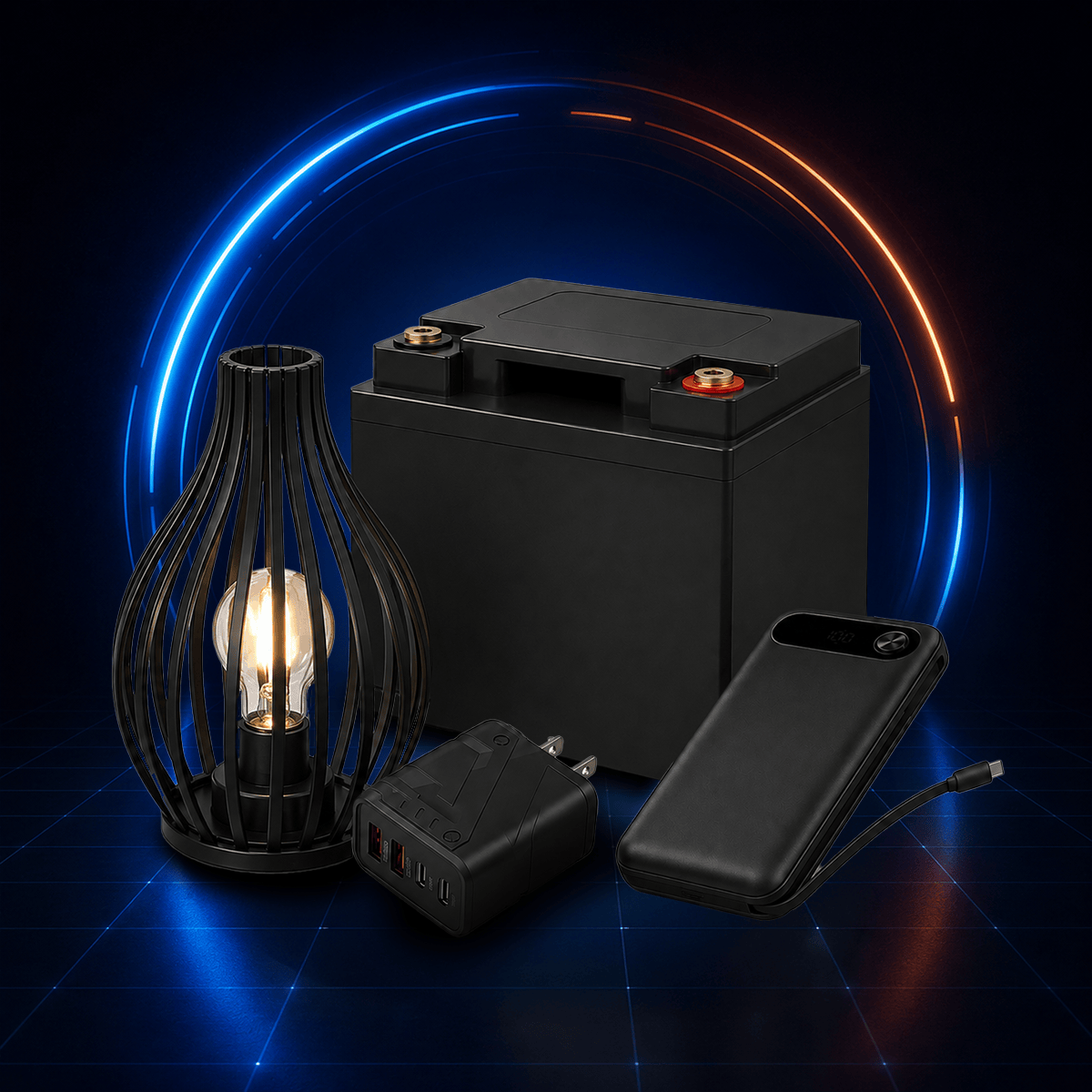 A battery, a black cage-style lamp with a glowing bulb, a wall charger, and a power bank with a cable are arranged on a dark grid surface with blue and orange neon arcs in the background.