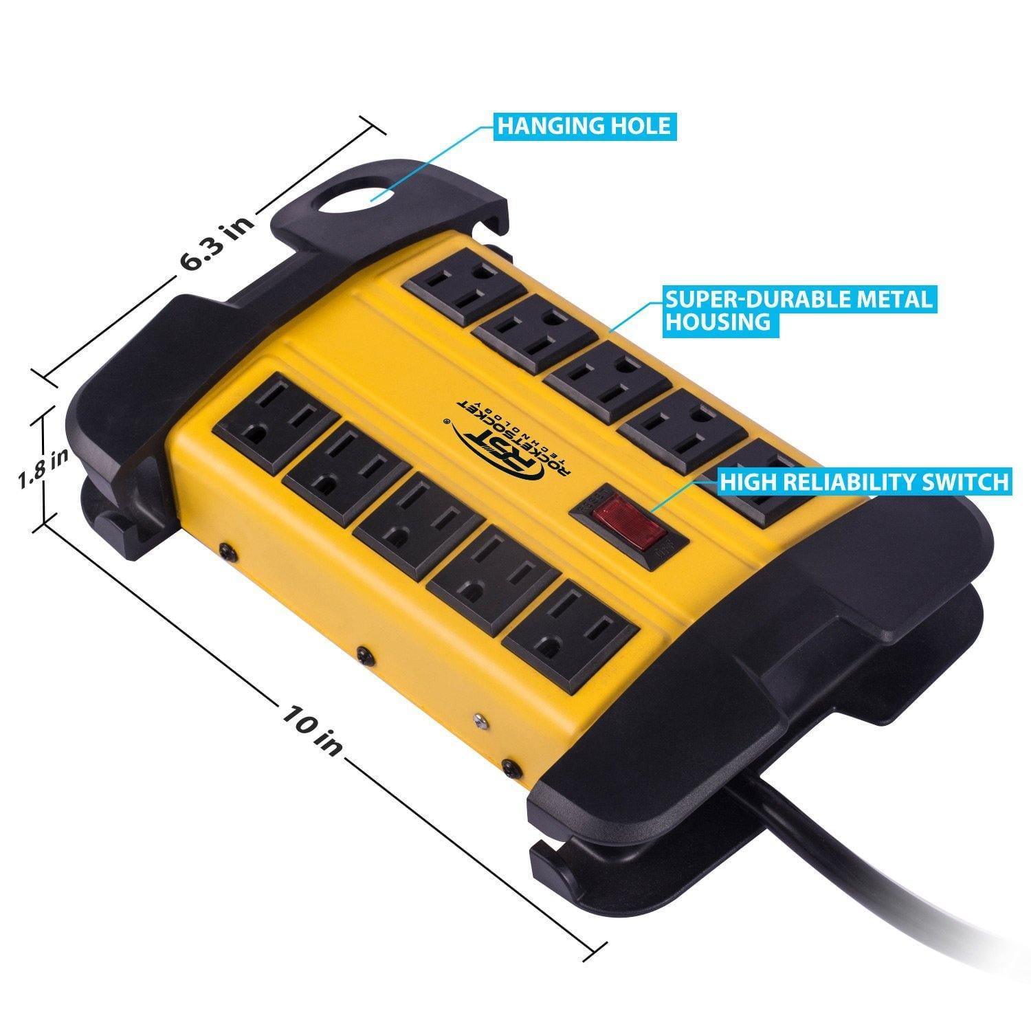 CRST 10-Outlet Metal Surge Protector Power Strip, 2800 Joules Protection, 15FT/6FT Heavy Duty Power Cord with Management Wrap, Wall Mountable Design - Dynamic Power Supply - surge protector power strip
