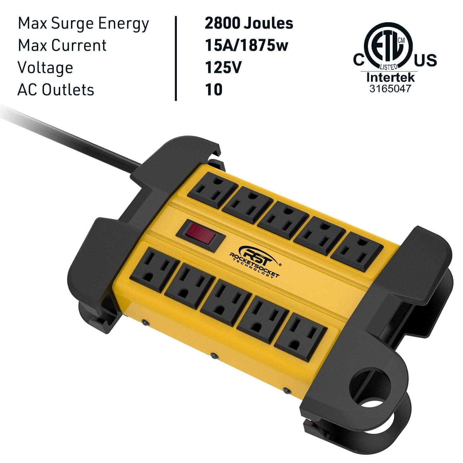 CRST 10-Outlet Metal Surge Protector Power Strip, 2800 Joules Protection, 15FT/6FT Heavy Duty Power Cord with Management Wrap, Wall Mountable Design - Dynamic Power Supply - surge protector power strip